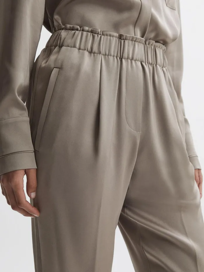 Reiss Trousers Elaina Satin Elasticated Tapered Trousers Mink 8211 Women