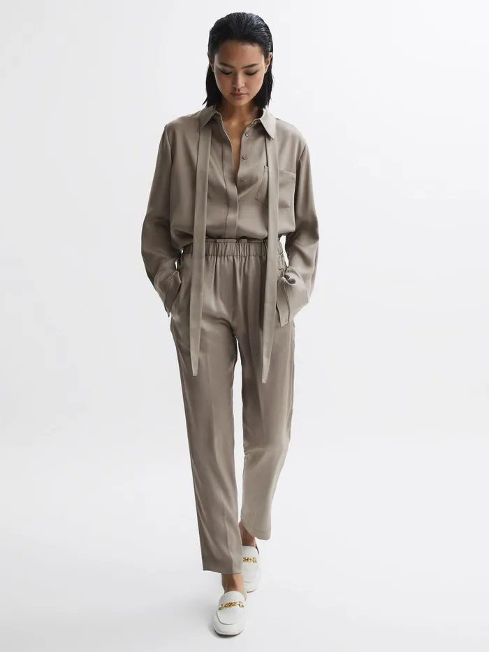 Reiss Trousers Elaina Satin Elasticated Tapered Trousers Mink 8211 Women