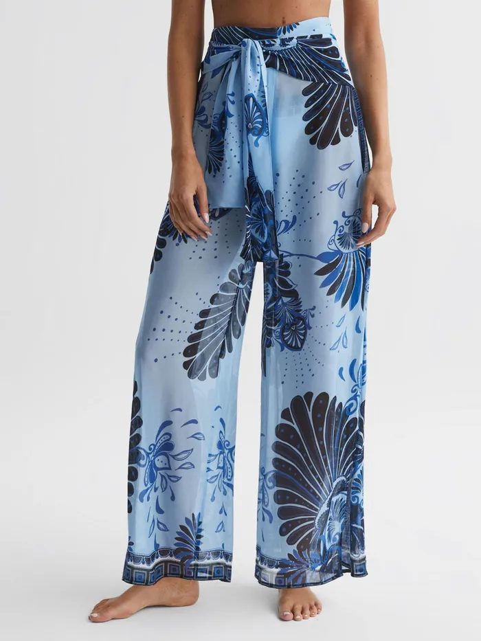 Reiss Trousers Ginnie Sheer Wide Leg Trousers Blue Print 8211 Women
