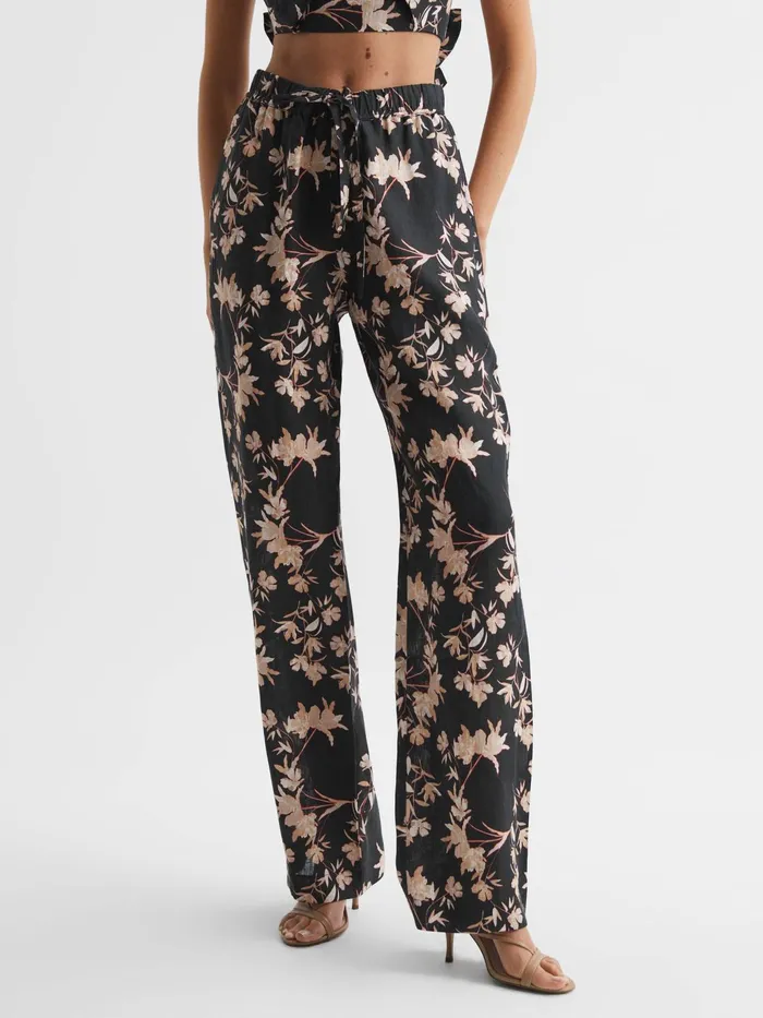 Reiss Trousers Leo Printed Wide Leg Linen Trousers Black Print 8211 Women