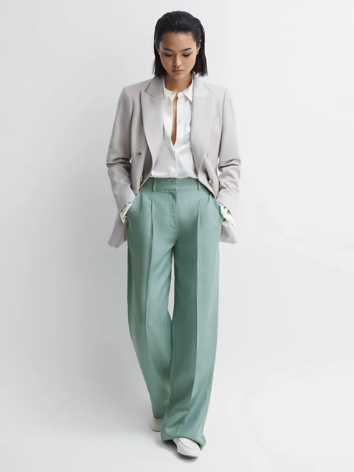 Reiss Trousers Talia Linen Blend Wide Leg Trousers Teal 8211 Women