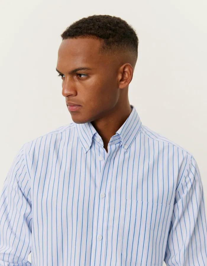 ShirtsOvershirts Men Les Deux Kent Stripe Peached Poplin Shirt 8211 Bel Air BlueOyster Rose