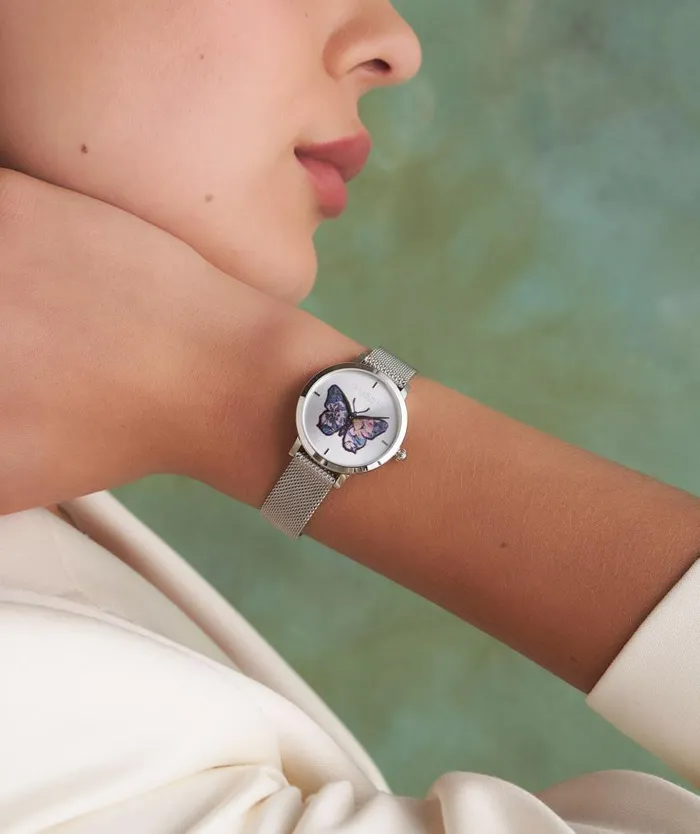Signature Watches Women Olivia Burton 28mm Butterfly Ultra Slim Silver Mesh Watch