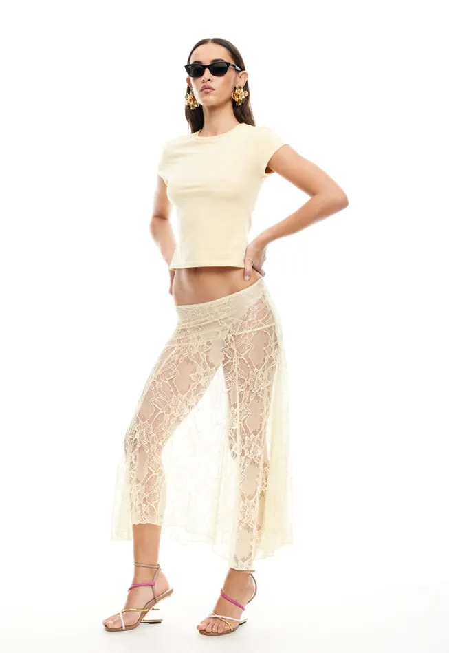 Skirts Women Lioness Fashion IN BLOOM LACE MIDI SKIRT Cornsilk Skirts Women Lioness Fashion IN BLOOM LACE MIDI SKIRT Cornsilk