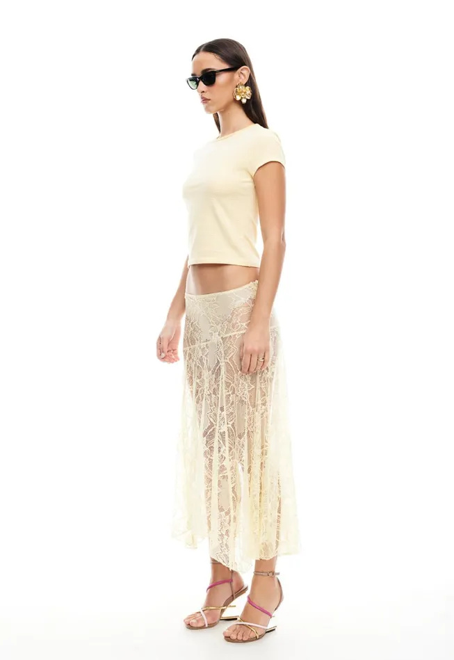 Skirts Women Lioness Fashion IN BLOOM LACE MIDI SKIRT Cornsilk Skirts Women Lioness Fashion IN BLOOM LACE MIDI SKIRT Cornsilk