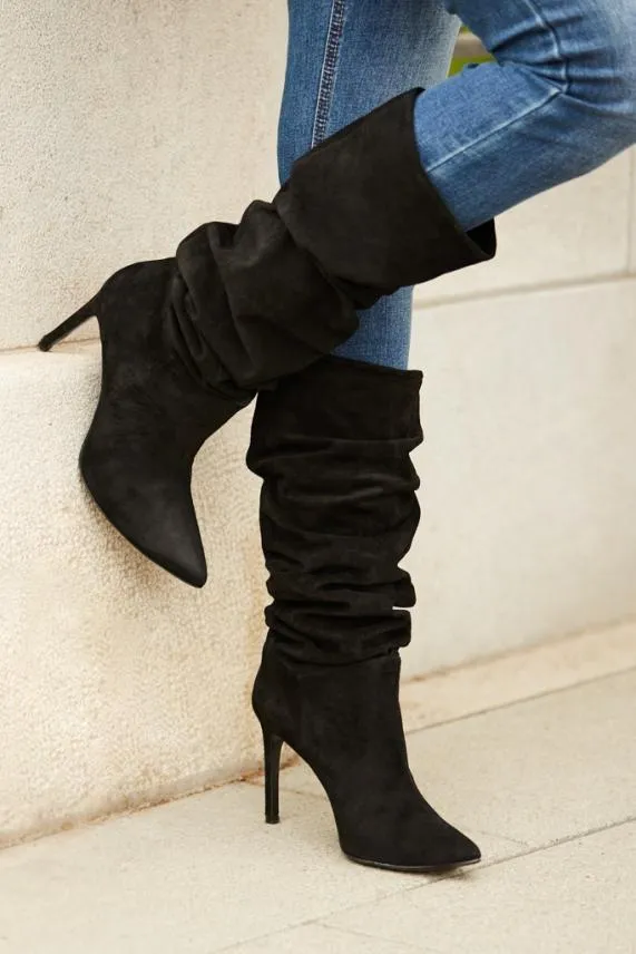Sosandar Belle Black Suede Heeled Slouch High Leg Boot Black Women Boots