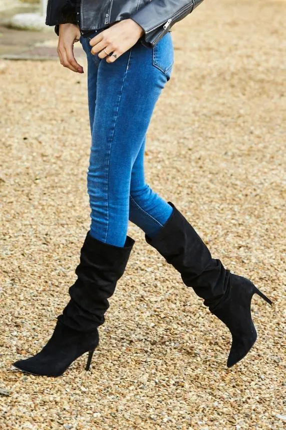 Sosandar Belle Black Suede Heeled Slouch High Leg Boot Black Women Boots