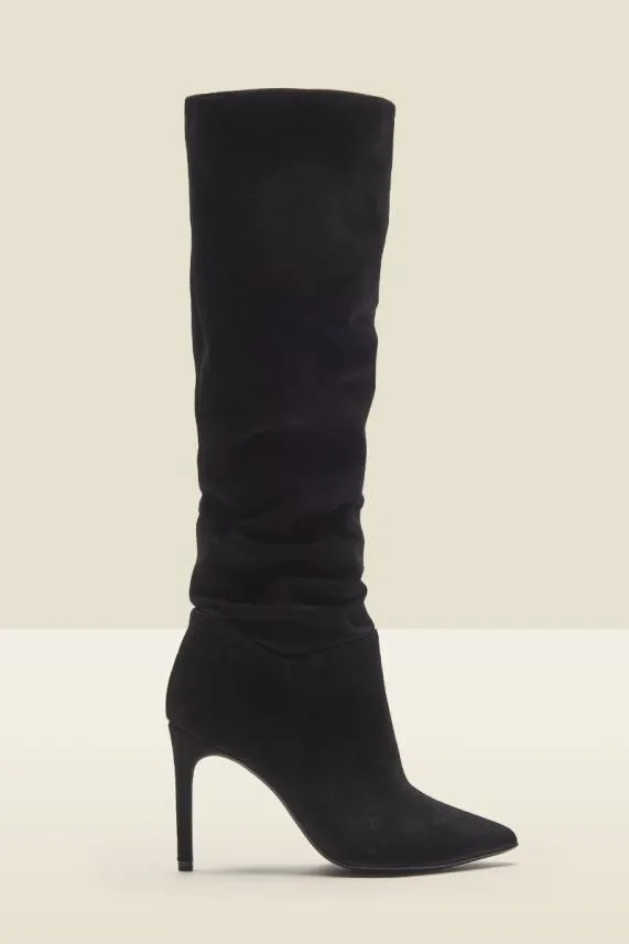Sosandar Belle Black Suede Heeled Slouch High Leg Boot Black Women Boots