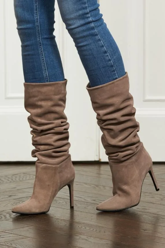 Sosandar Belle Taupe Suede Heeled Slouch High Leg Boot Women Boots