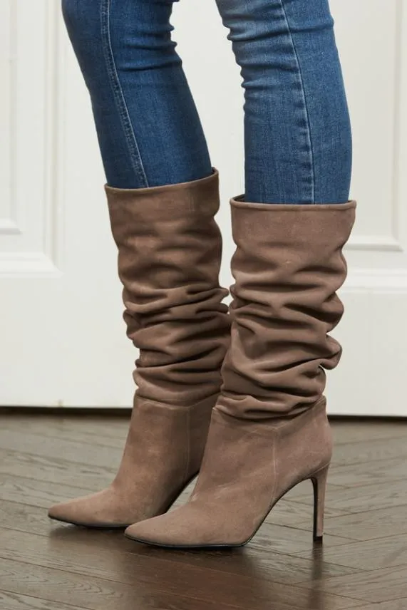 Sosandar Belle Taupe Suede Heeled Slouch High Leg Boot Women Boots
