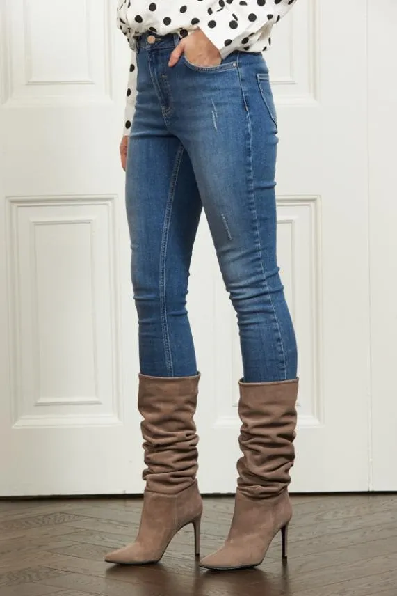 Sosandar Belle Taupe Suede Heeled Slouch High Leg Boot Women Boots