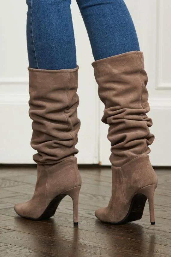 Sosandar Belle Taupe Suede Heeled Slouch High Leg Boot Women Boots