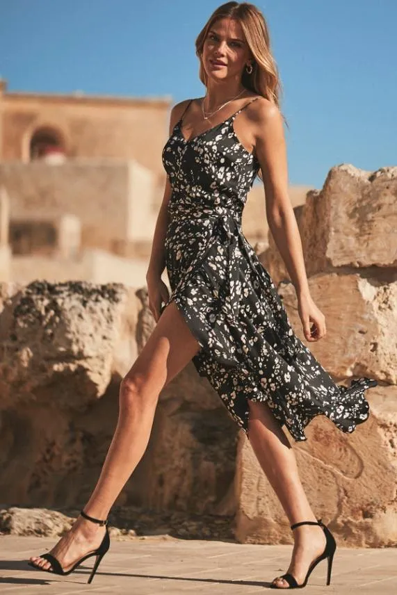 Sosandar Black Abstract Floral Print Wrap Skirt Black Women Skirts