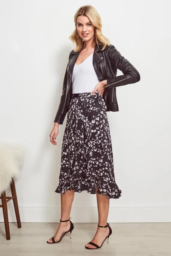 Sosandar Black Abstract Floral Print Wrap Skirt Black Women Skirts