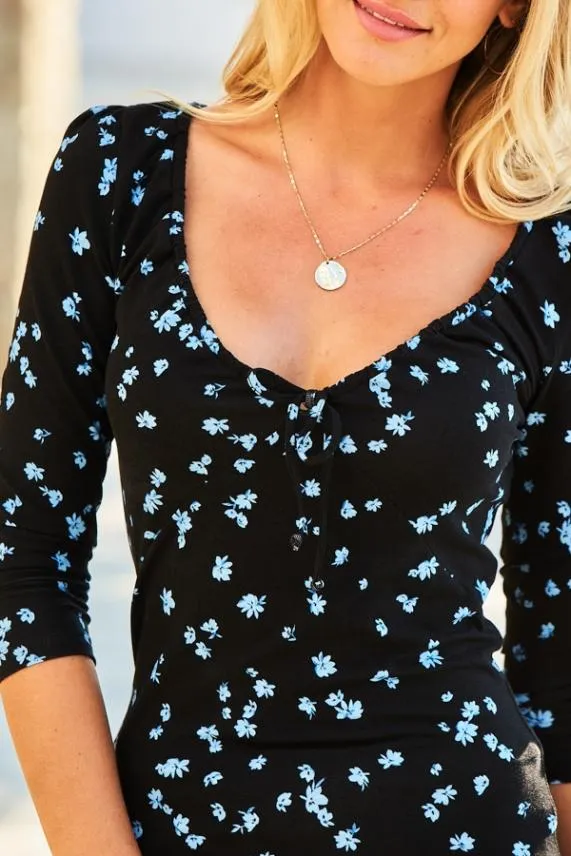 Sosandar Black and Blue Ditsy Floral Ruched Neck Top Black Blue Women Tops