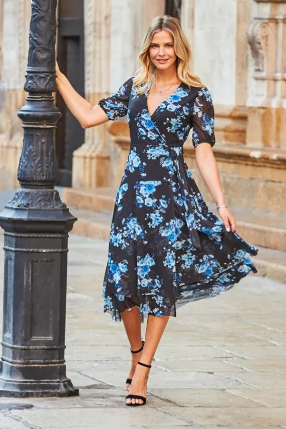 Sosandar Black and Blue Floral Print Mesh Wrap Dress Black Blue Women Dresses Sosandar Black and Blue Floral Print Mesh Wrap Dress Black Blue Women Dresses