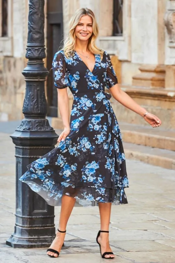 Sosandar Black and Blue Floral Print Mesh Wrap Dress Black Blue Women Dresses