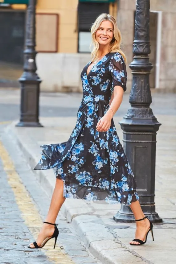 Sosandar Black and Blue Floral Print Mesh Wrap Dress Black Blue Women Dresses