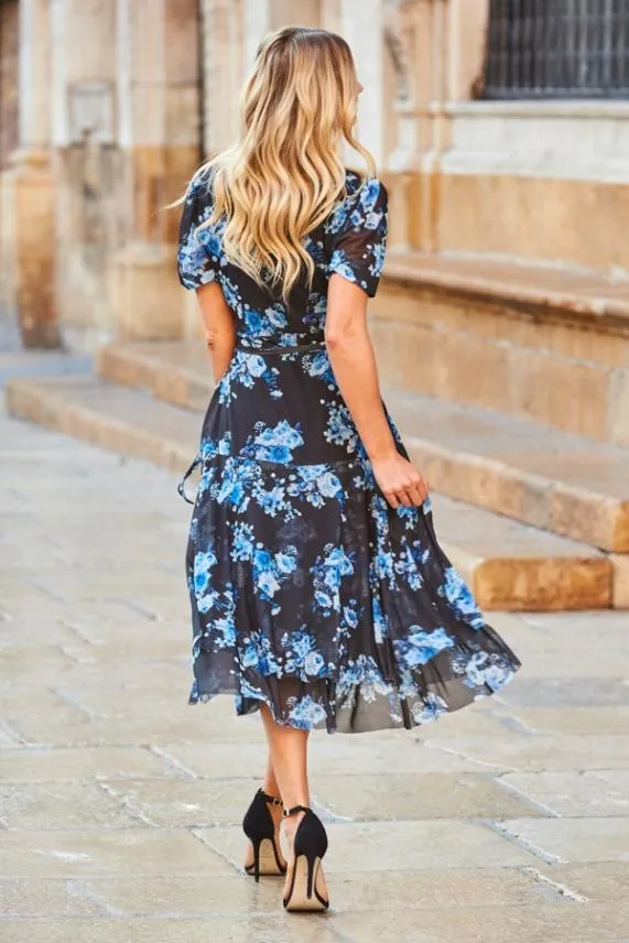 Sosandar Black and Blue Floral Print Mesh Wrap Dress Black Blue Women Dresses