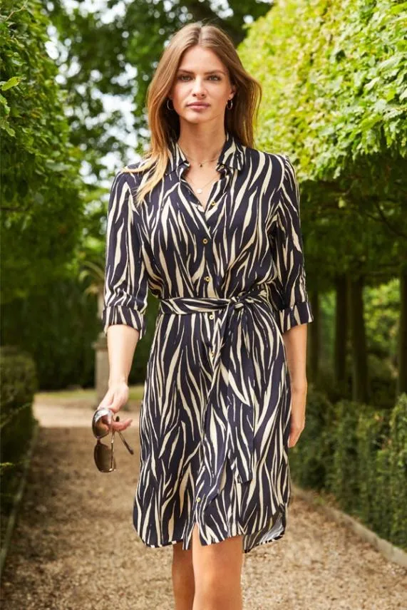 Sosandar Black and Cream Chic Print Belted Shirt Dress Black Cream Women Dresses