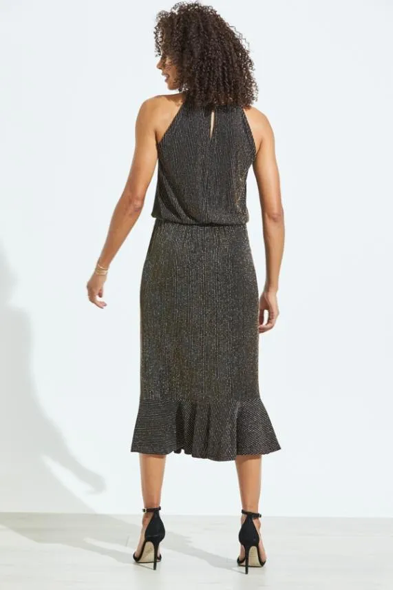 Sosandar Black and Gold Metallic Stripe Stretch Waist Midi Dress Black Gold Women Dresses