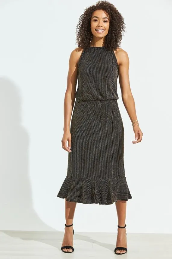 Sosandar Black and Gold Metallic Stripe Stretch Waist Midi Dress Black Gold Women Dresses