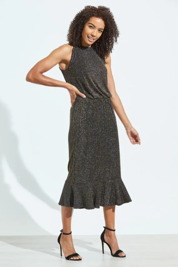 Sosandar Black and Gold Metallic Stripe Stretch Waist Midi Dress Black Gold Women Dresses
