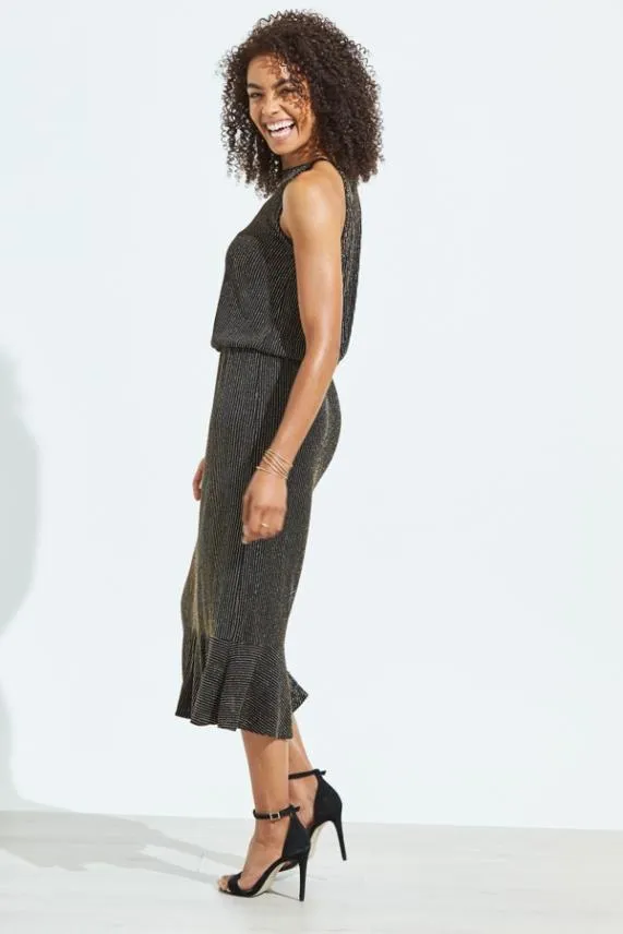 Sosandar Black and Gold Metallic Stripe Stretch Waist Midi Dress Black Gold Women Dresses