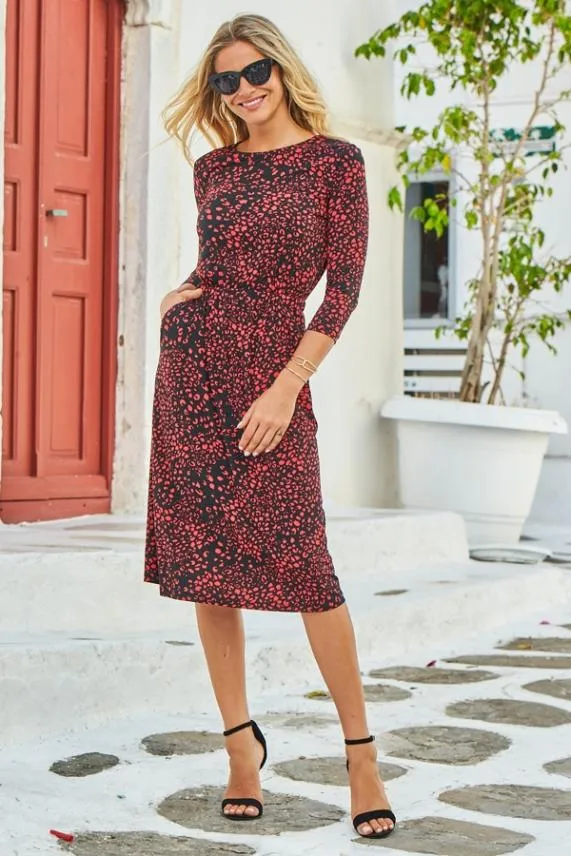 Sosandar Black and Red Animal Print Stretch Waist Midi Dress Black Red Women Dresses Sosandar Black and Red Animal Print Stretch Waist Midi Dress Black Red Women Dresses