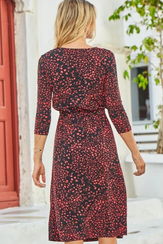 Sosandar Black and Red Animal Print Stretch Waist Midi Dress Black Red Women Dresses