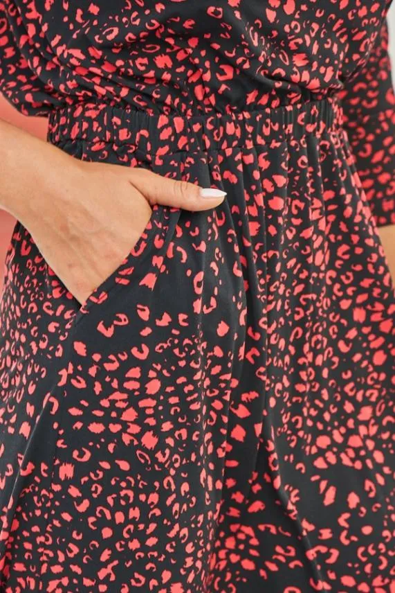Sosandar Black and Red Animal Print Stretch Waist Midi Dress Black Red Women Dresses