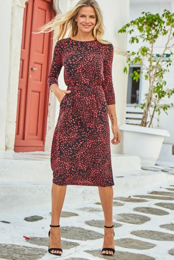 Sosandar Black and Red Animal Print Stretch Waist Midi Dress Black Red Women Dresses