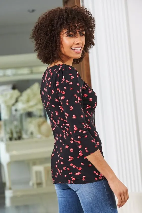 Sosandar Black and Red Ditsy Floral Print Ruched Front Top Black Red Women Tops