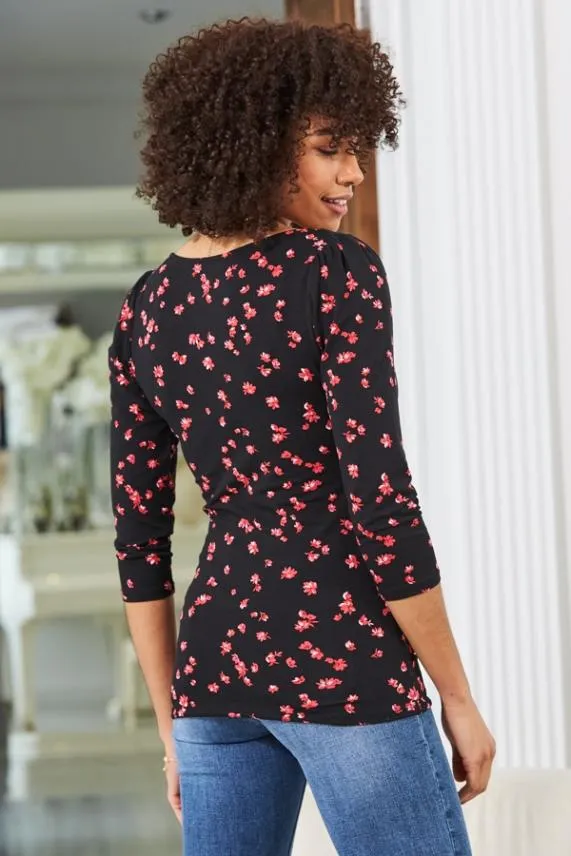 Sosandar Black and Red Ditsy Floral Print Ruched Front Top Black Red Women Tops