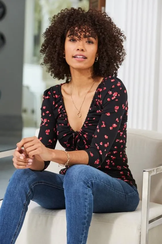 Sosandar Black and Red Ditsy Floral Print Ruched Front Top Black Red Women Tops