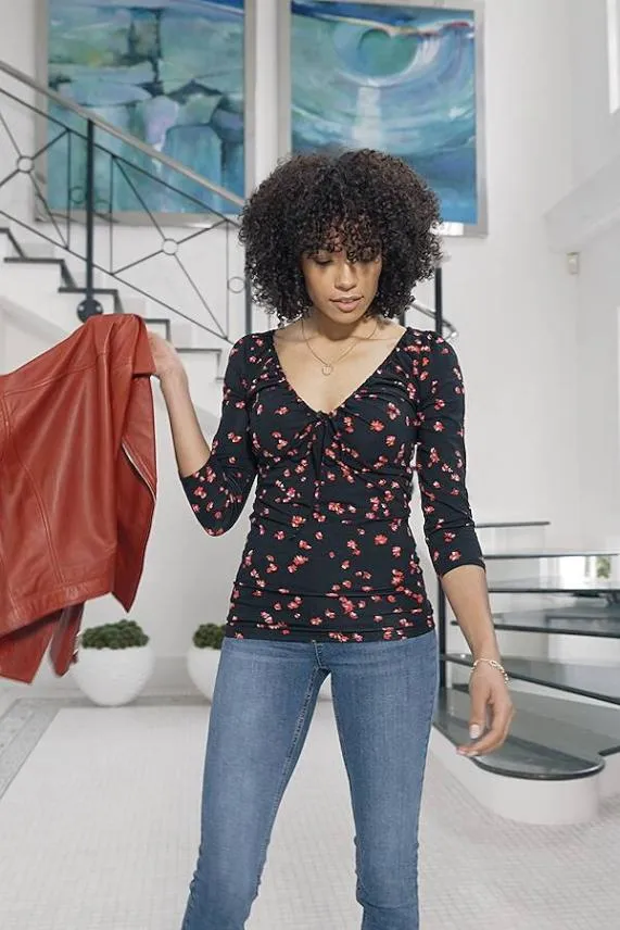 Sosandar Black and Red Ditsy Floral Print Ruched Front Top Black Red Women Tops