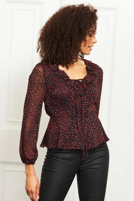 Sosandar Black and Red Heart Print Ruffle Detail Top Black Red Women Tops