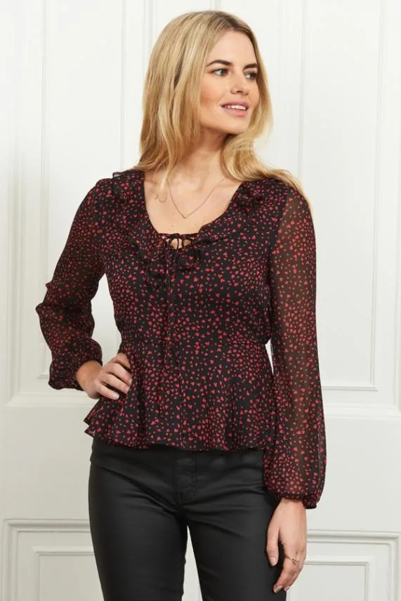 Sosandar Black and Red Heart Print Ruffle Detail Top Black Red Women Tops
