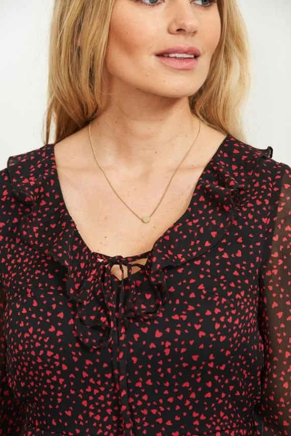 Sosandar Black and Red Heart Print Ruffle Detail Top Black Red Women Tops