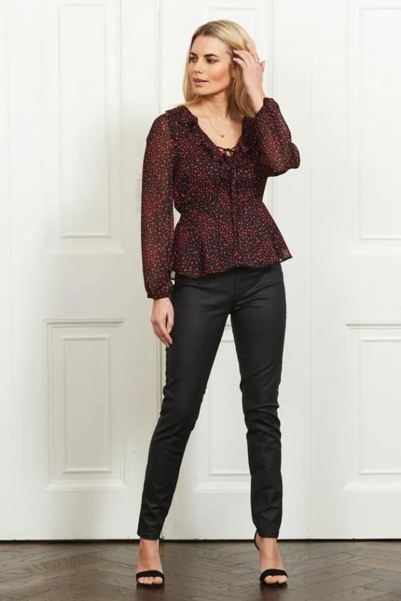 Sosandar Black and Red Heart Print Ruffle Detail Top Black Red Women Tops