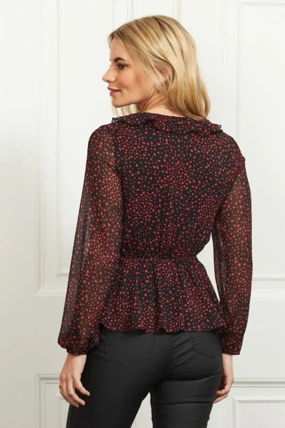 Sosandar Black and Red Heart Print Ruffle Detail Top Black Red Women Tops