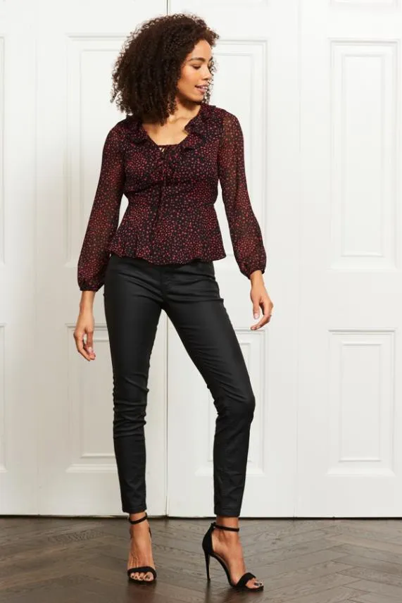 Sosandar Black and Red Heart Print Ruffle Detail Top Black Red Women Tops