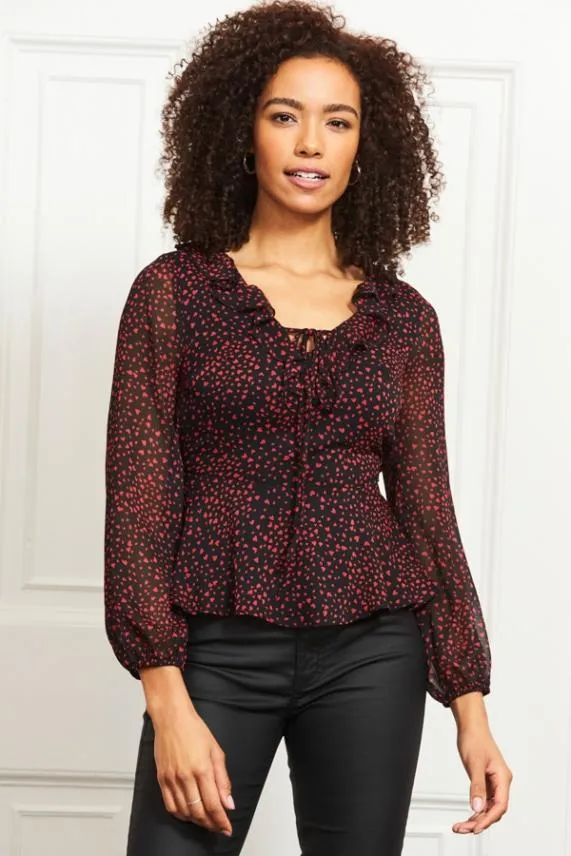 Sosandar Black and Red Heart Print Ruffle Detail Top Black Red Women Tops
