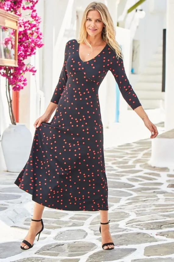 Sosandar Black and Red Spot Print Jersey Midi Dress Black Red Women Dresses