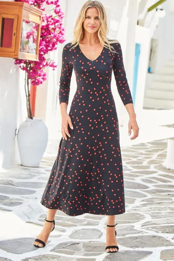 Sosandar Black and Red Spot Print Jersey Midi Dress Black Red Women Dresses