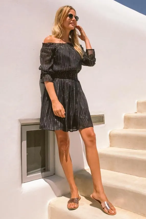 Sosandar Black and Silver Lurex Stripe Bardot Dress Black Silver Women Dresses Sosandar Black and Silver Lurex Stripe Bardot Dress Black Silver Women Dresses