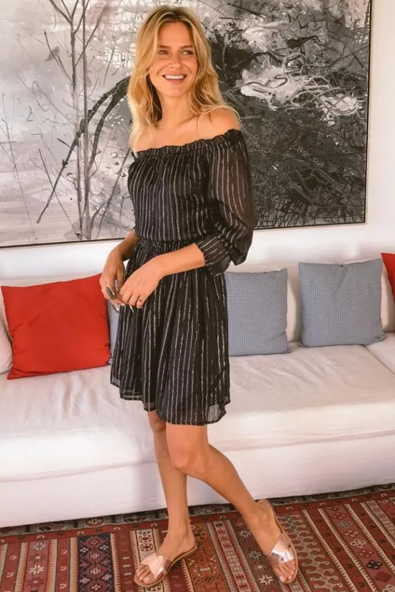 Sosandar Black and Silver Lurex Stripe Bardot Dress Black Silver Women Dresses