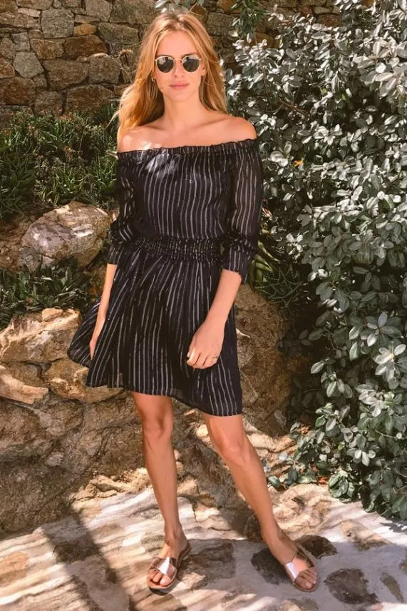 Sosandar Black and Silver Lurex Stripe Bardot Dress Black Silver Women Dresses