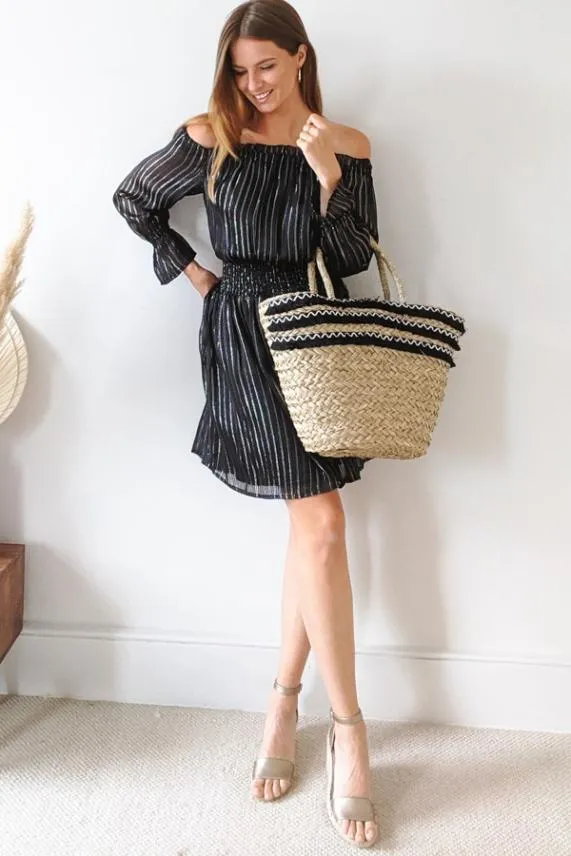 Sosandar Black and Silver Lurex Stripe Bardot Dress Black Silver Women Dresses