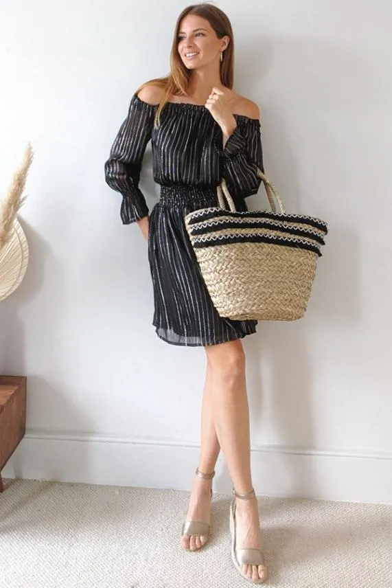 Sosandar Black and Silver Lurex Stripe Bardot Dress Black Silver Women Dresses